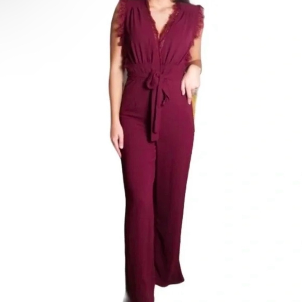 Altar’d State Burgundy Lace Trim V Neck Tie Waist Wide Leg Jumpsuit NWT